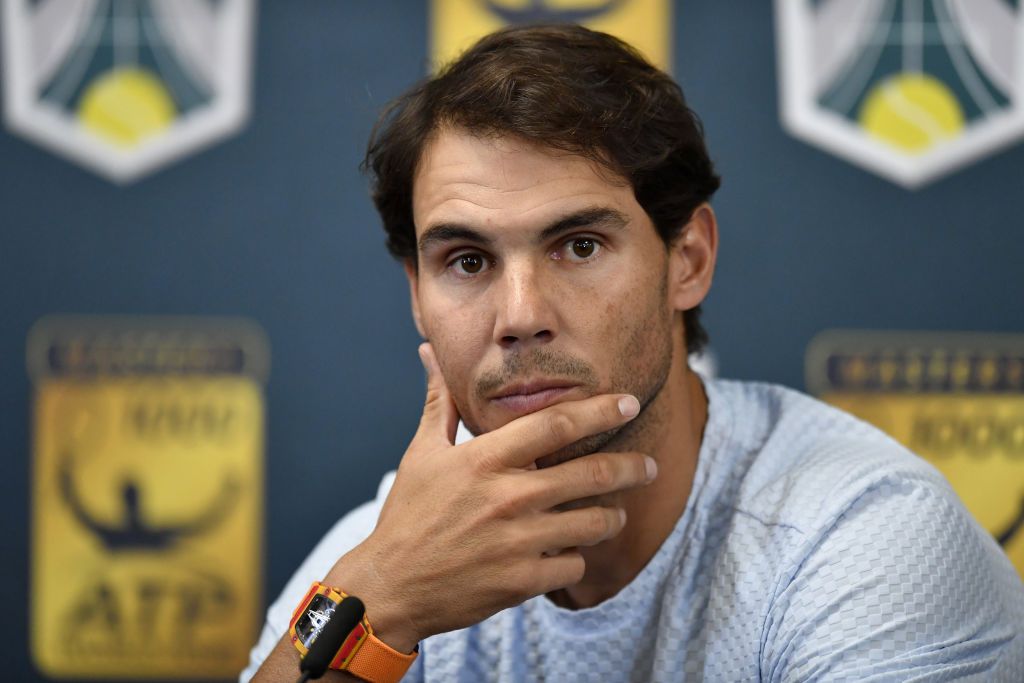 Rafael Nadal of Spain during his withdrawal from the Rolex Paris Masters due to an abdominal injury on October 31, 2018 in Paris, France. | Source: Getty Images