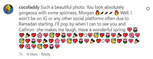 A fan's comment on Morgan Fairchild's post out for dinner with dear friends at the Della Terra Restaurant on March 21, 2023 | Source: Instagram/morganfairchild1