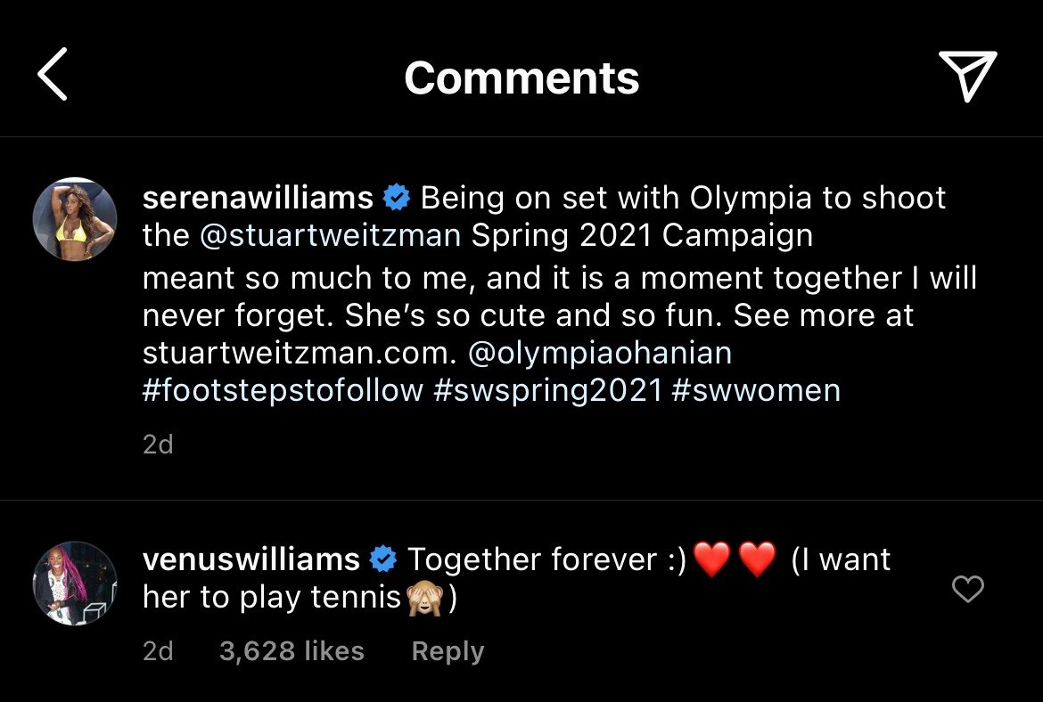 Venus Williams' comment on sister Serena Williams' Instagram post. | Photo: instagram.com/serenawilliams