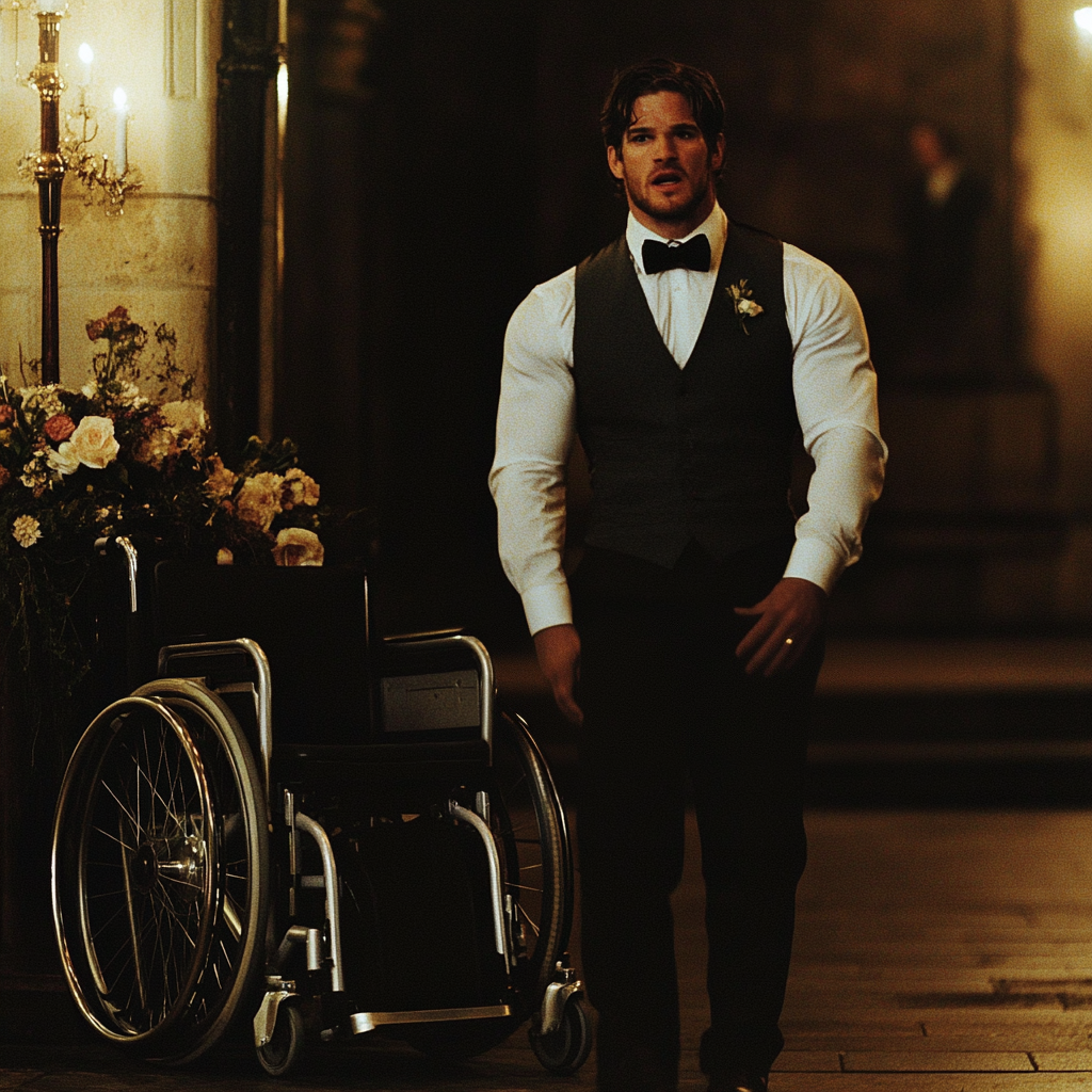 A startled man standing near a wheelchair | Source: Midjourney