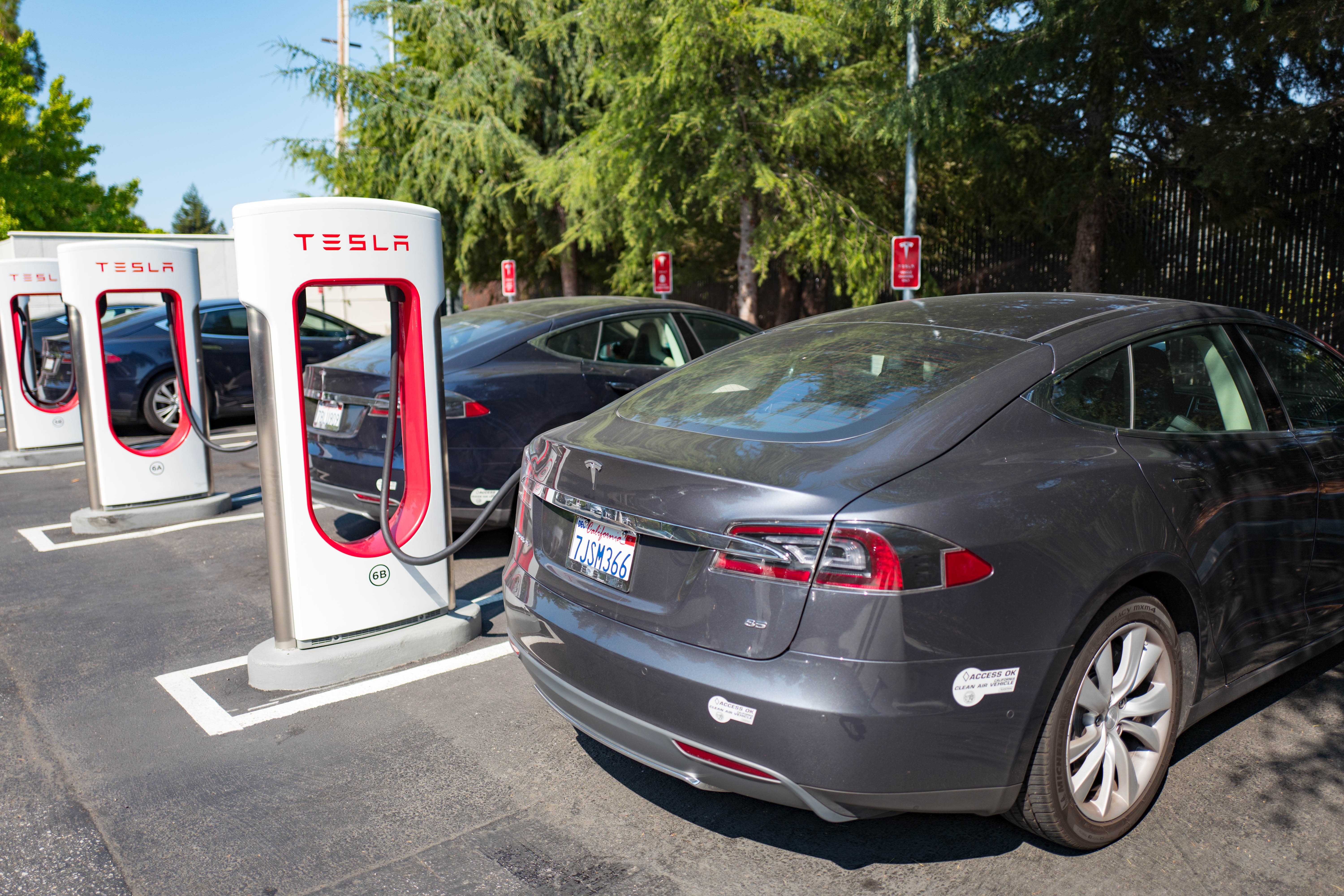 Tesla vehicles plugged in and charging | Photo: Getty Images