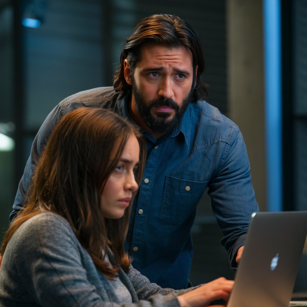 A worried-looking man alongside a woman working on a laptop computer | Source: Midjourney