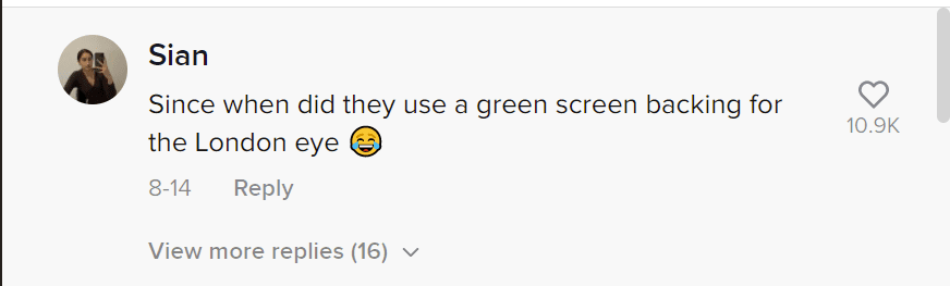 A user's comment on a TikToker's green outfit to the London Eye. | Photo: tiktok.com/alyxmeade