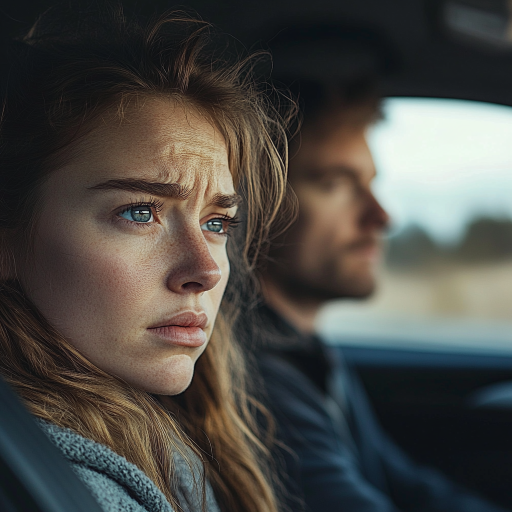 A sad woman looking out the car window | Source: Midjourney