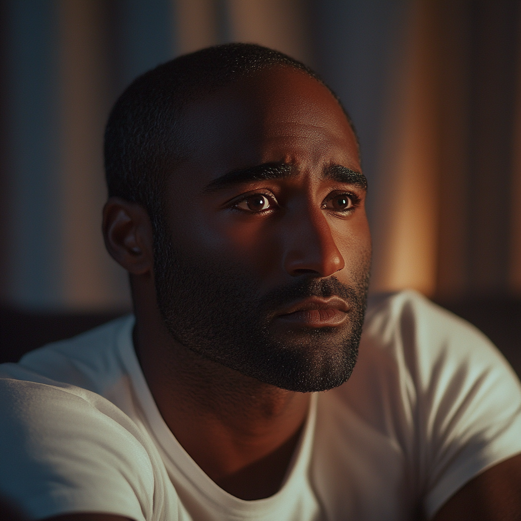 A distressed man sitting on the couch | Source: Midjourney