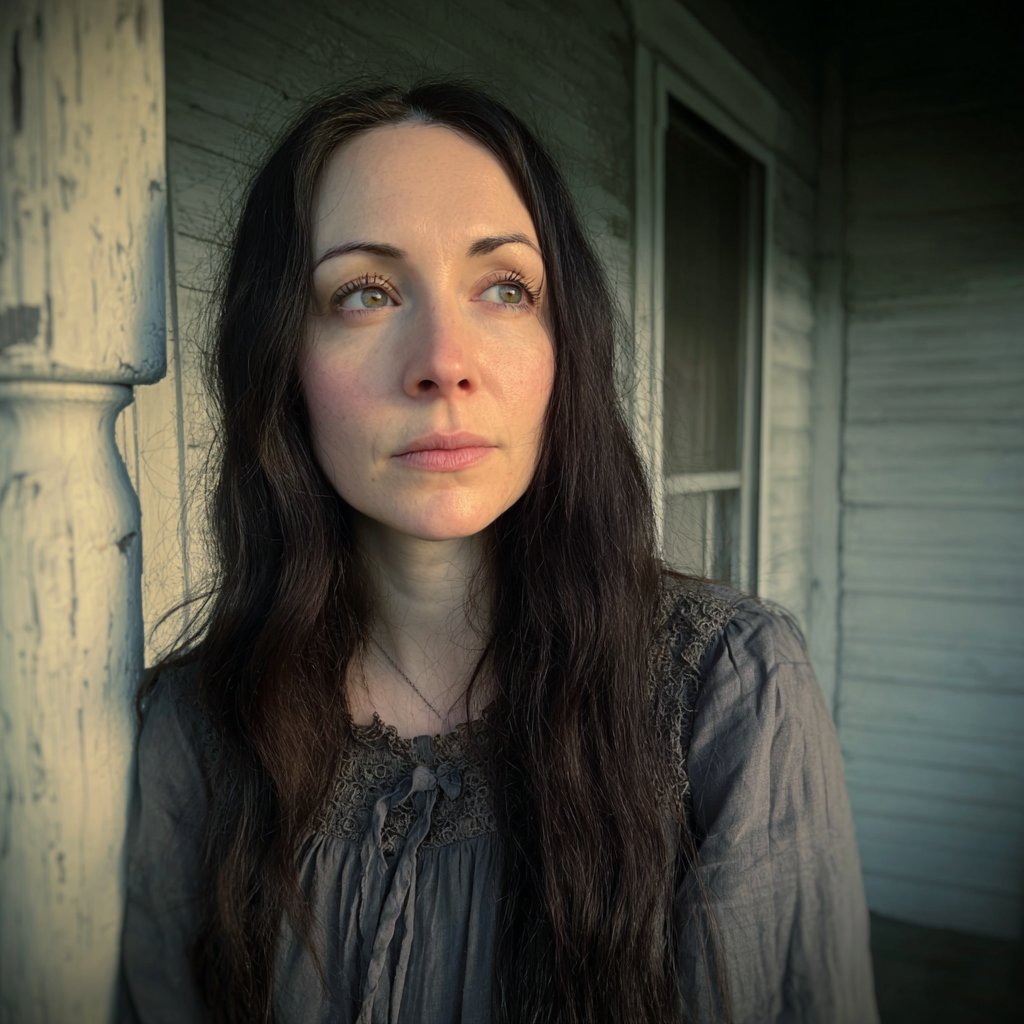 A pale woman standing on a porch | Source: Midjourney