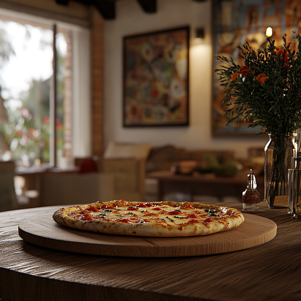 A pizza on a table | Source: Midjourney