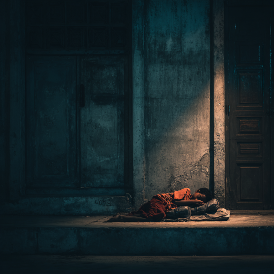 A boy sleeping on concrete | Source: Midjourney