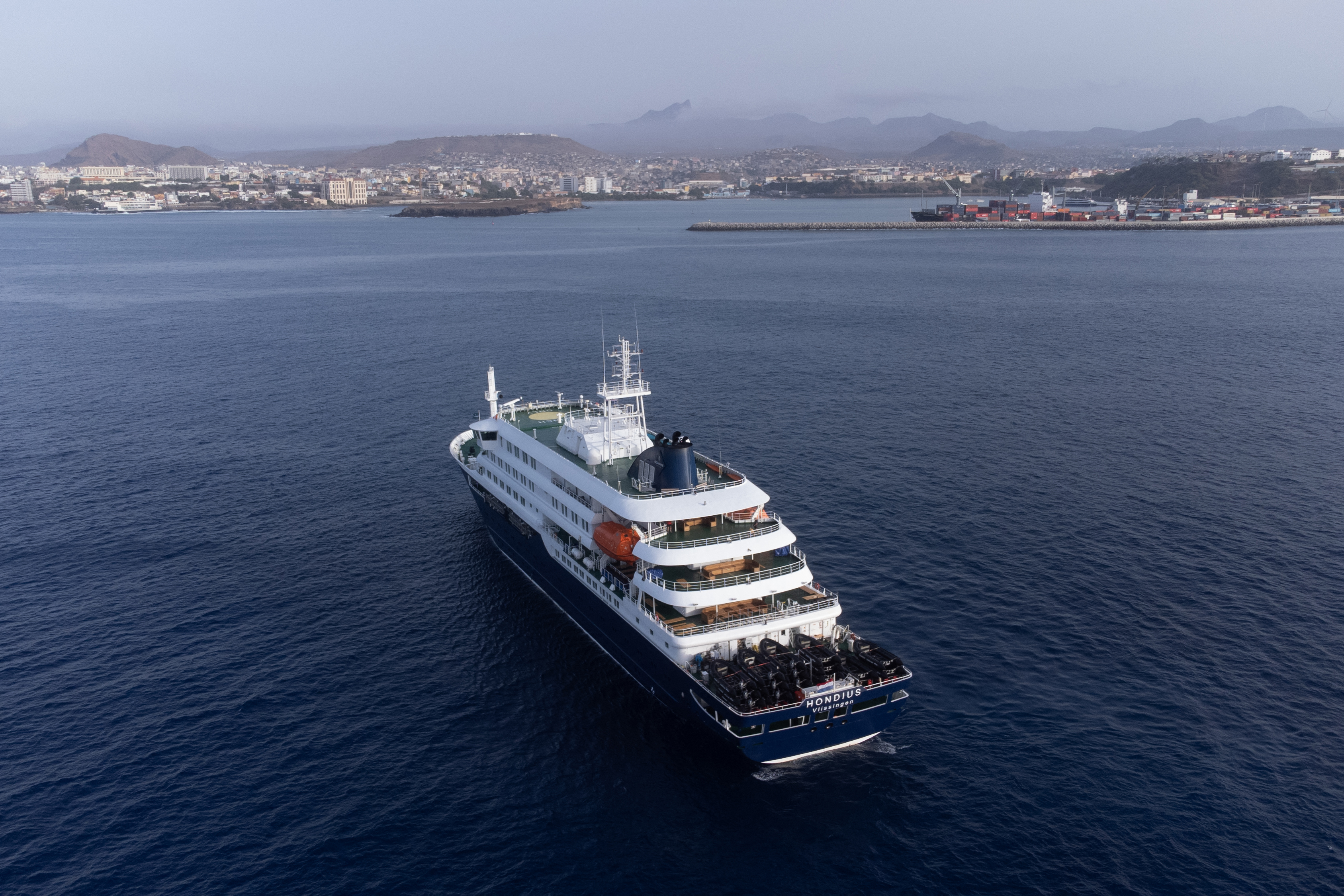Cruise ship MV Hondius stationary off the port of Praia, the capital of Cape Verde, on May 5, 2026. | Source: Getty Images