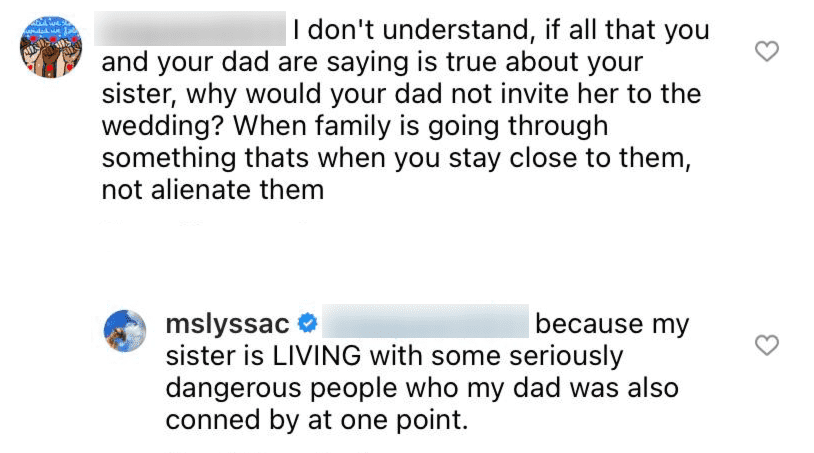 A fan's comment and Lyssa Chapman's reply to the fan on Instagram | Photo: Instagram/mslyssac