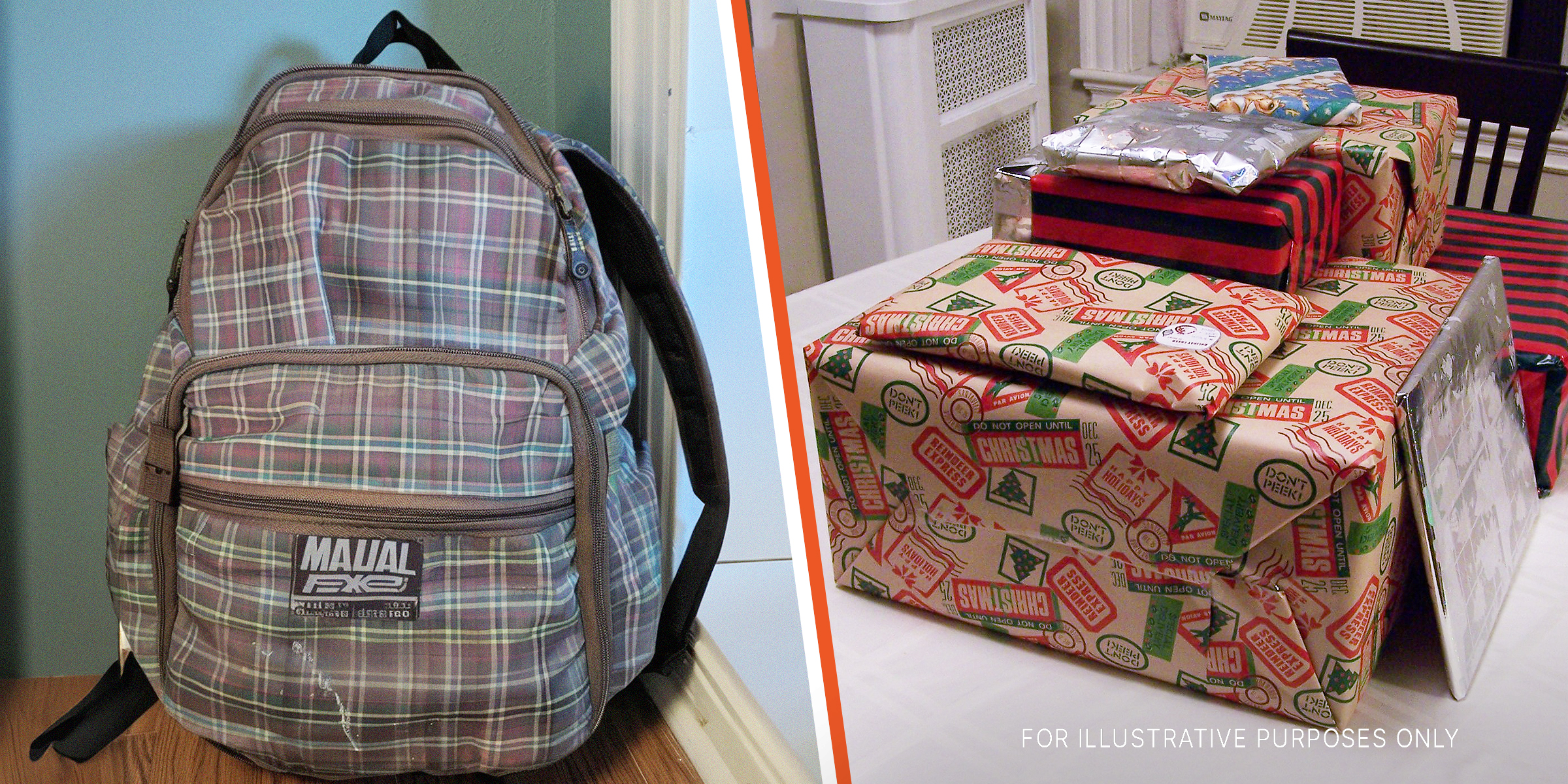 An old backpack and a pile of presents | Source: Midjourney & Flickr
