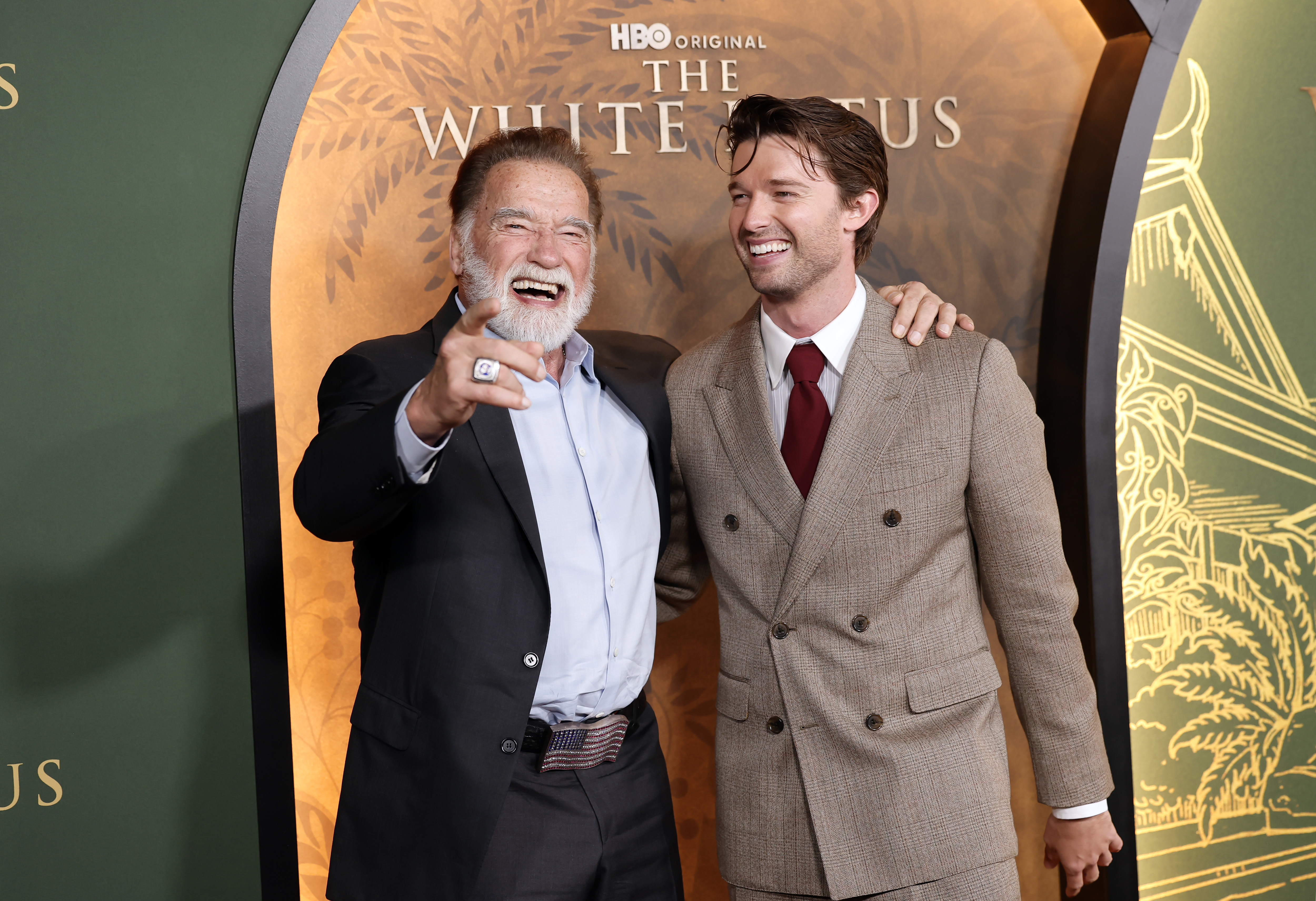 Arnold Schwarzenegger and Patrick Schwarzenegger attend the Los Angeles Premiere of HBO Original Series "The White Lotus" Season 3 at Paramount Theatre on February 10, 2025, in Los Angeles, California | Source: Getty Images