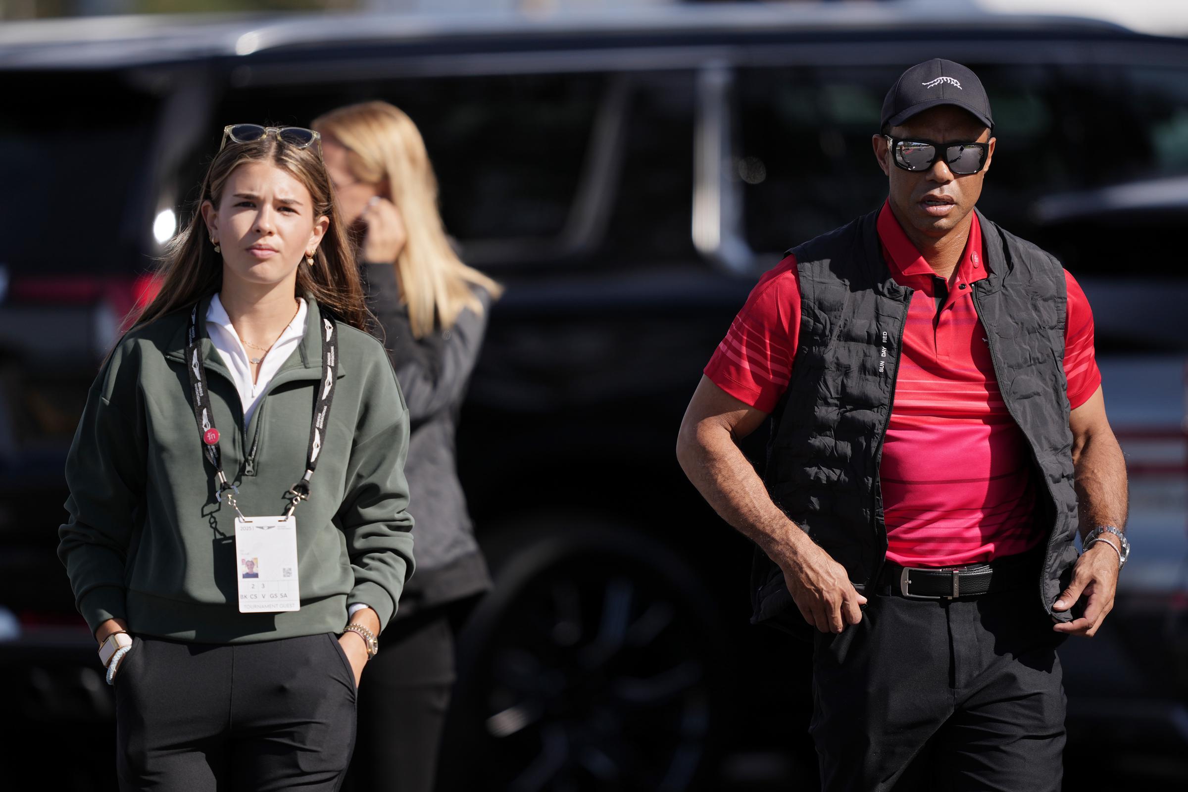 Kai Trump and Tiger Woods arriving at the course during the final round of The Genesis Invitational 2025 at Torrey Pines Golf Course on February 16 in La Jolla, California. | Source: Getty Images