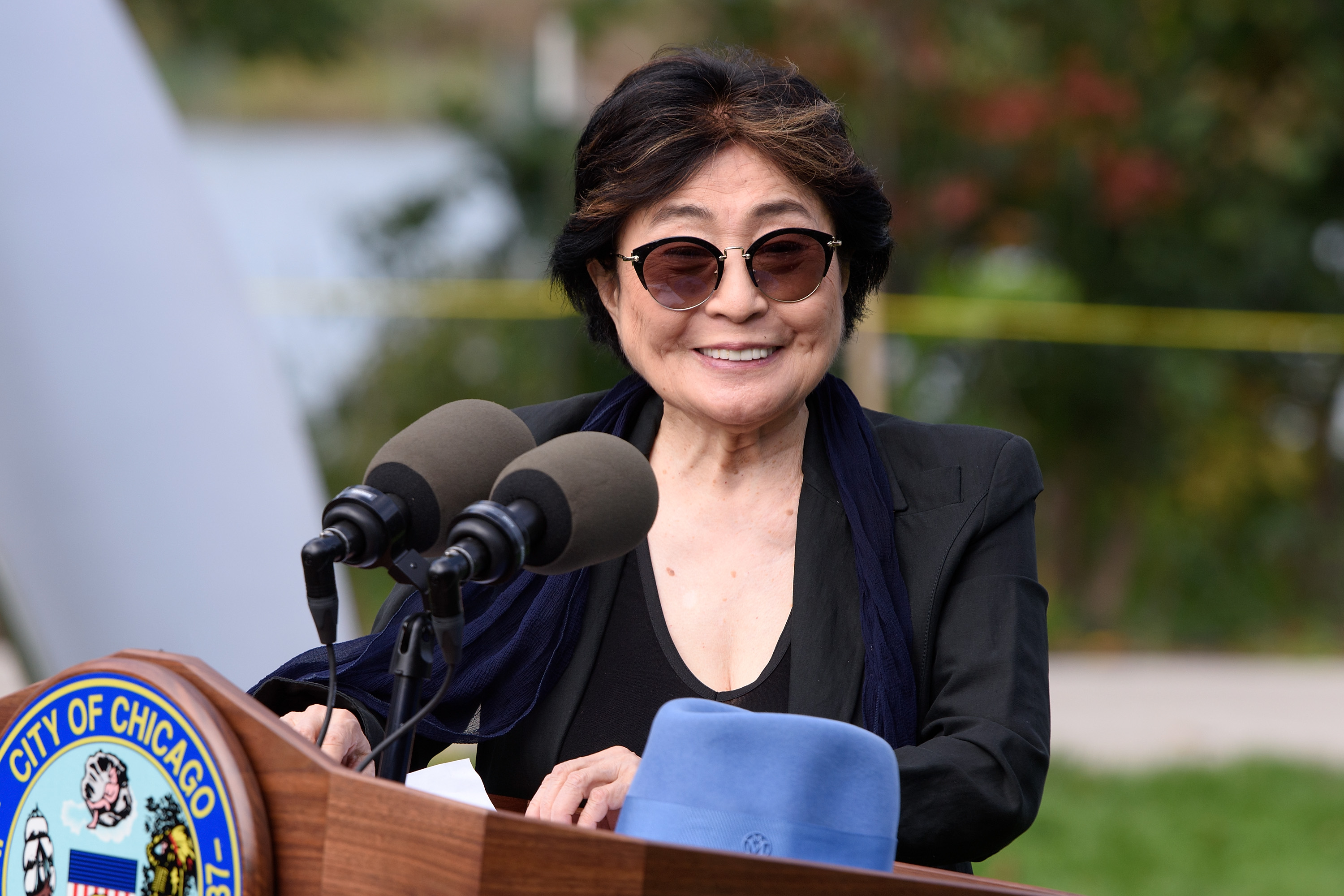 Yoko Ono at the Project 120 Skylanding art installation unveiling on October 17, 2016, in Chicago, Illinois. | Source: Getty Images