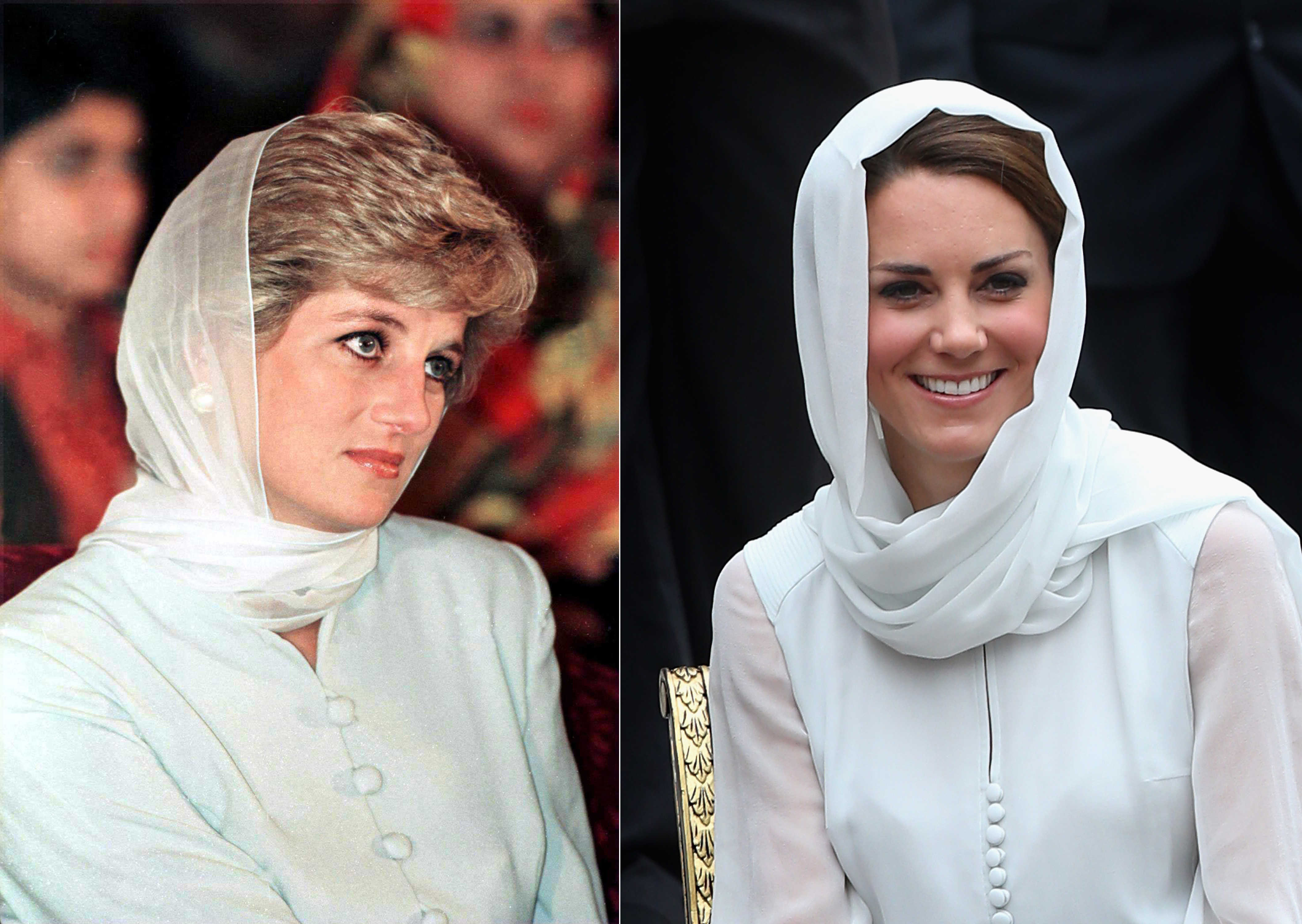 Princess Diana on a visit to Pakistan in 1996 | Princess Catherine at the Diamond Jubilee Tour of the Far East on September 14, 2012, in Kuala Lumpur, Malaysia. | Source: Getty Images