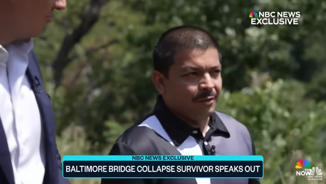 Julio Cervantes Suarez speaks to NBC News' Tom Llamas, detailing his survival and experience during the deadly Baltimore bridge collapse on March 26, in an interview posted on July 11, 2024. | Source: YouTube/NBCNews