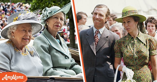 [Left] Photo of Princess Anne and the Queen; [Right] Photo of Princess Anne and her first spouse, Mark Phillips | Source: Getty Images
