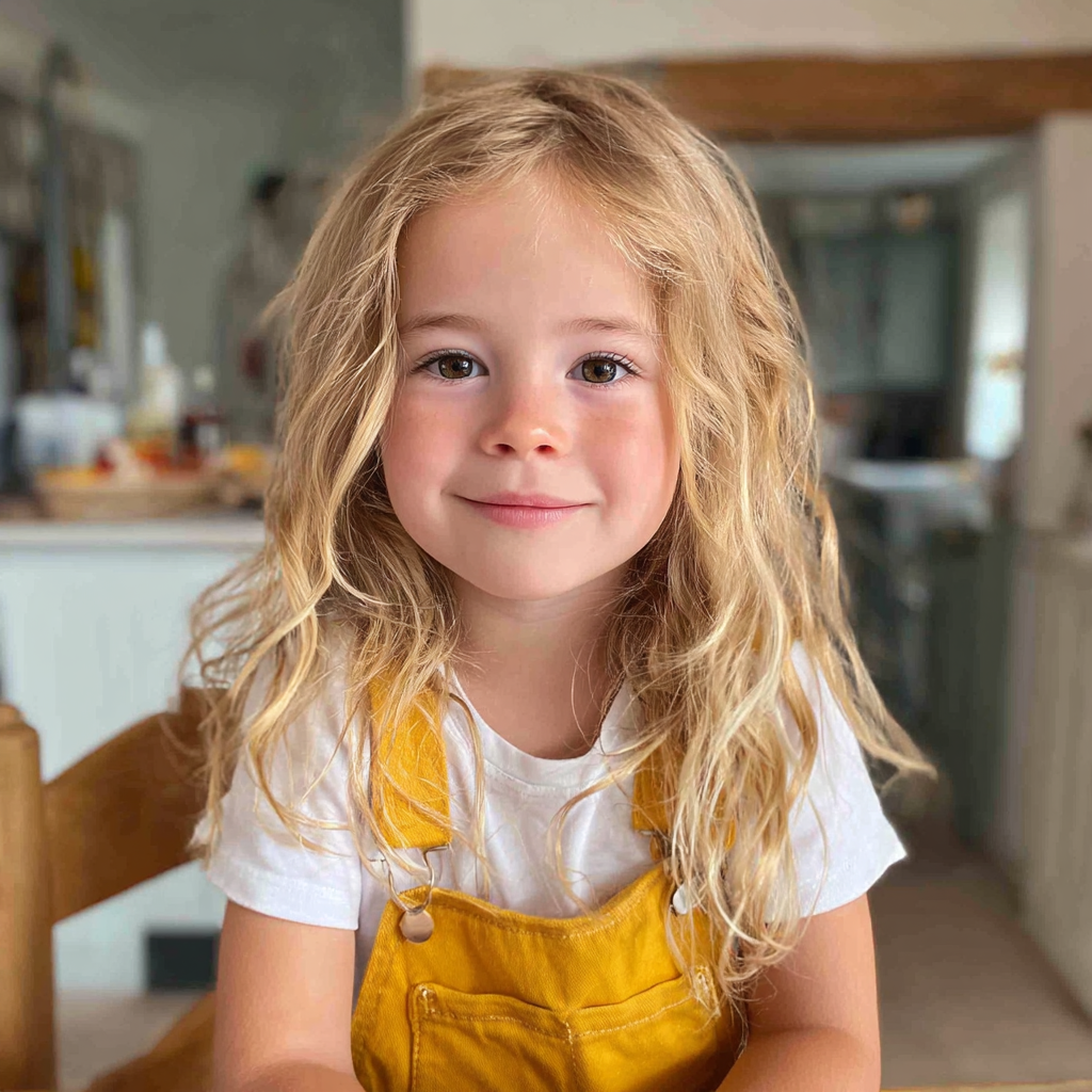 A smiling little girl sitting at a table | Source: Midjourney