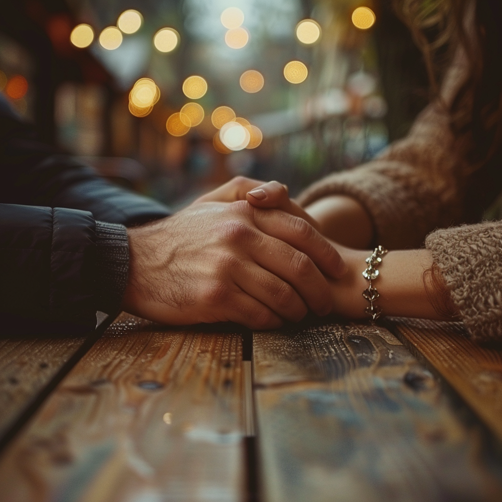 A couple holding hands on a table | Source: Midjourney