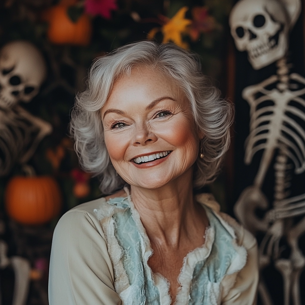 A cheerful older lady on Halloween | Source: Midjourney