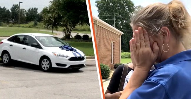 A new car with a blue ribbon on it [left]; A teacher crying [right].┃Source: l instagram.com/courtneyadeleye