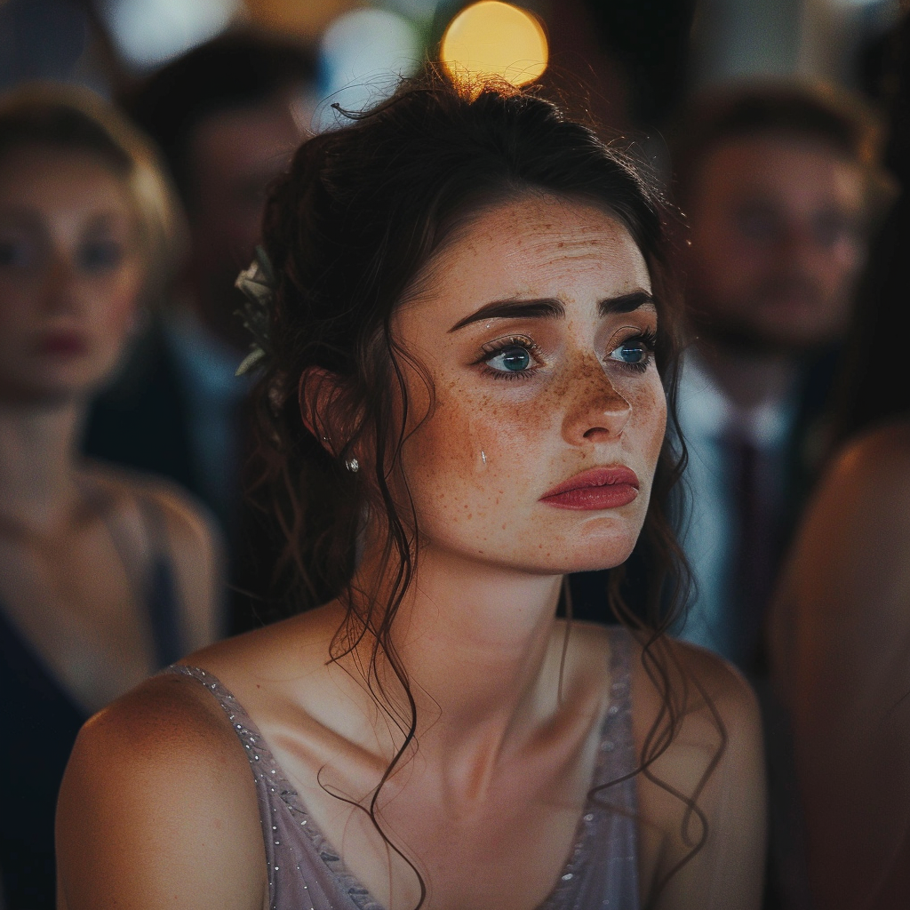 A bridesmaid crying at a wedding | Source: Midjourney