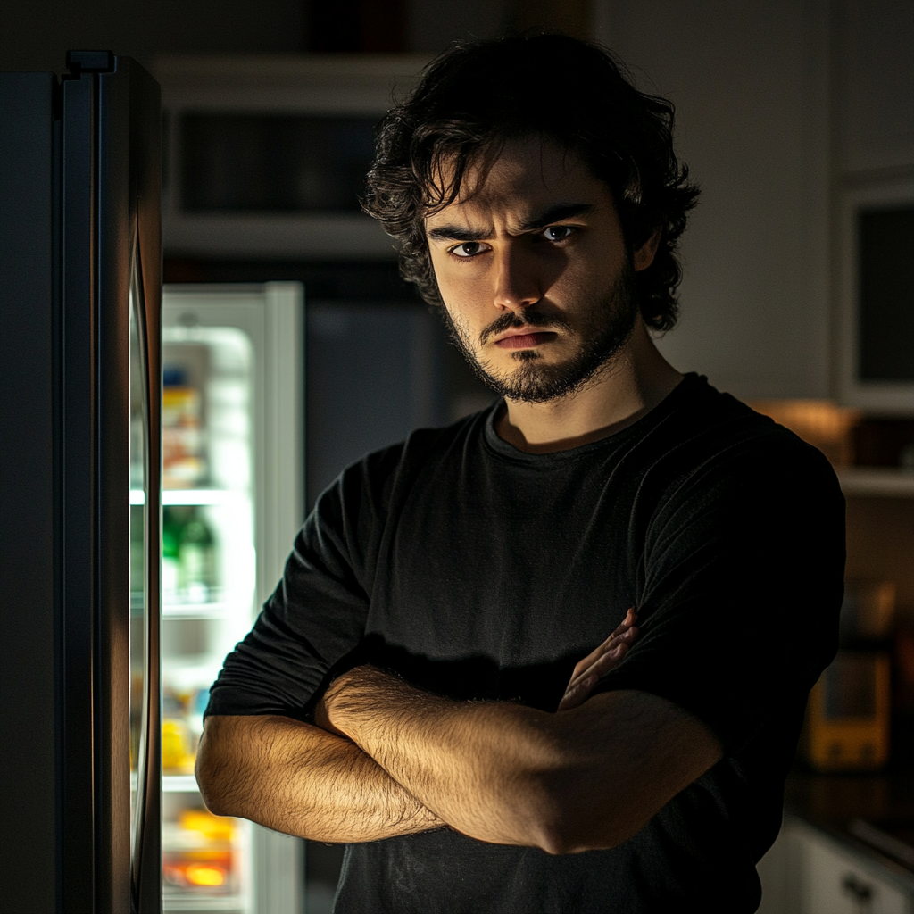 A serious man standing next to his fridge | Source: Midjourney