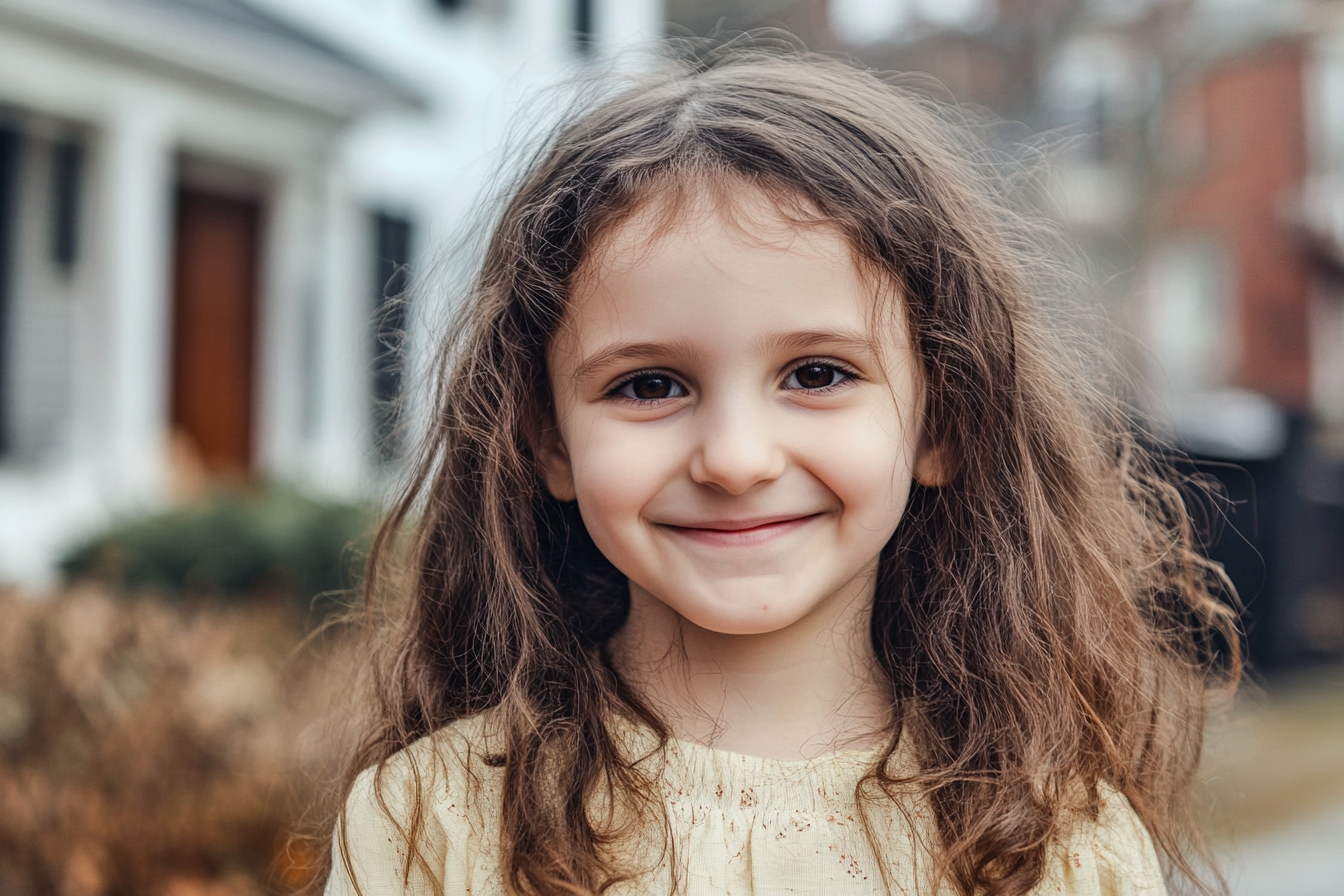 A girl standing in her neighborhood, smiling | Source: Midjourney