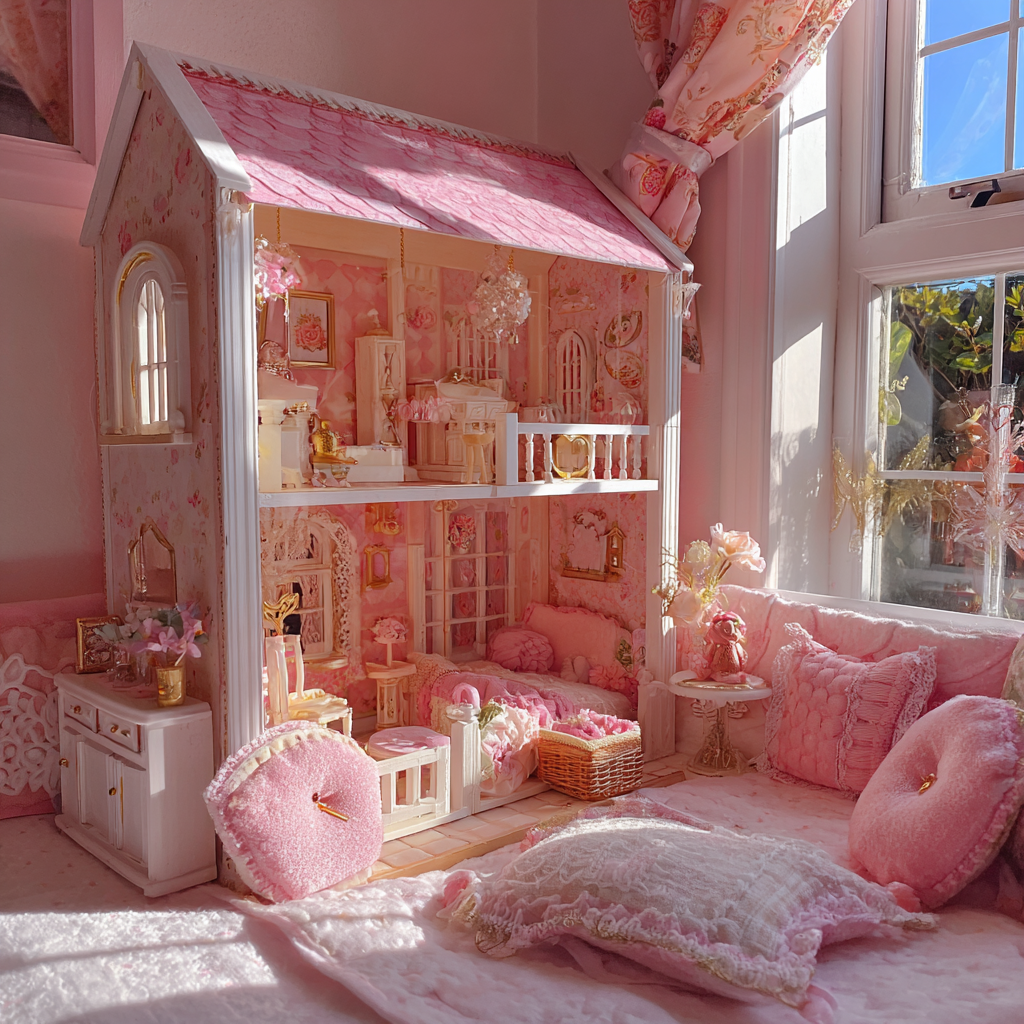 A pink and white dollhouse | Source: Midjourney