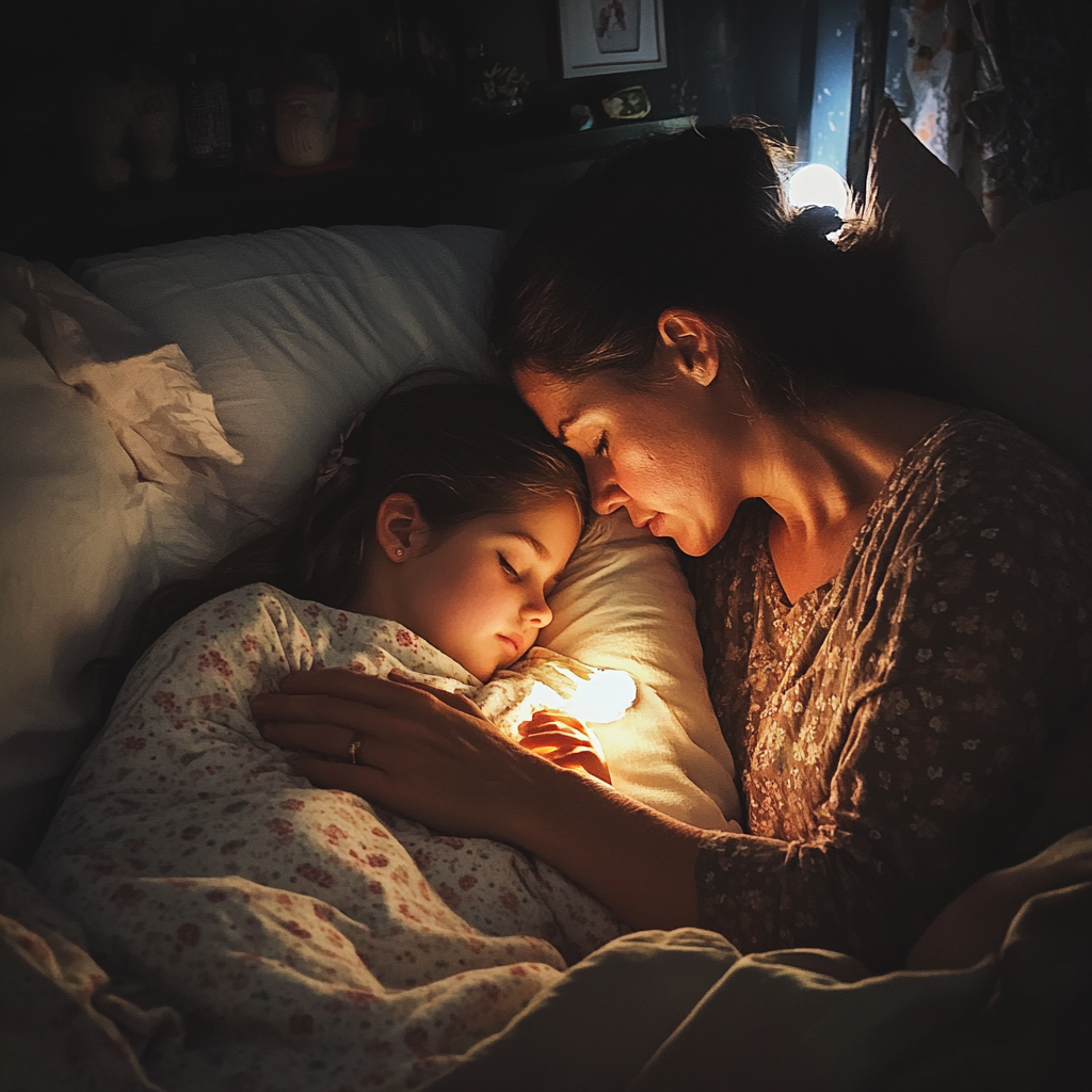 A woman tucking her daughter into bed | Source: Midjourney