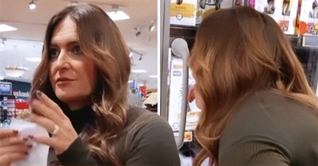 Jodie Meschuk inside the grocery store and licking a refrigerator door | Photo: Reddit.com/PenultimateKetchup