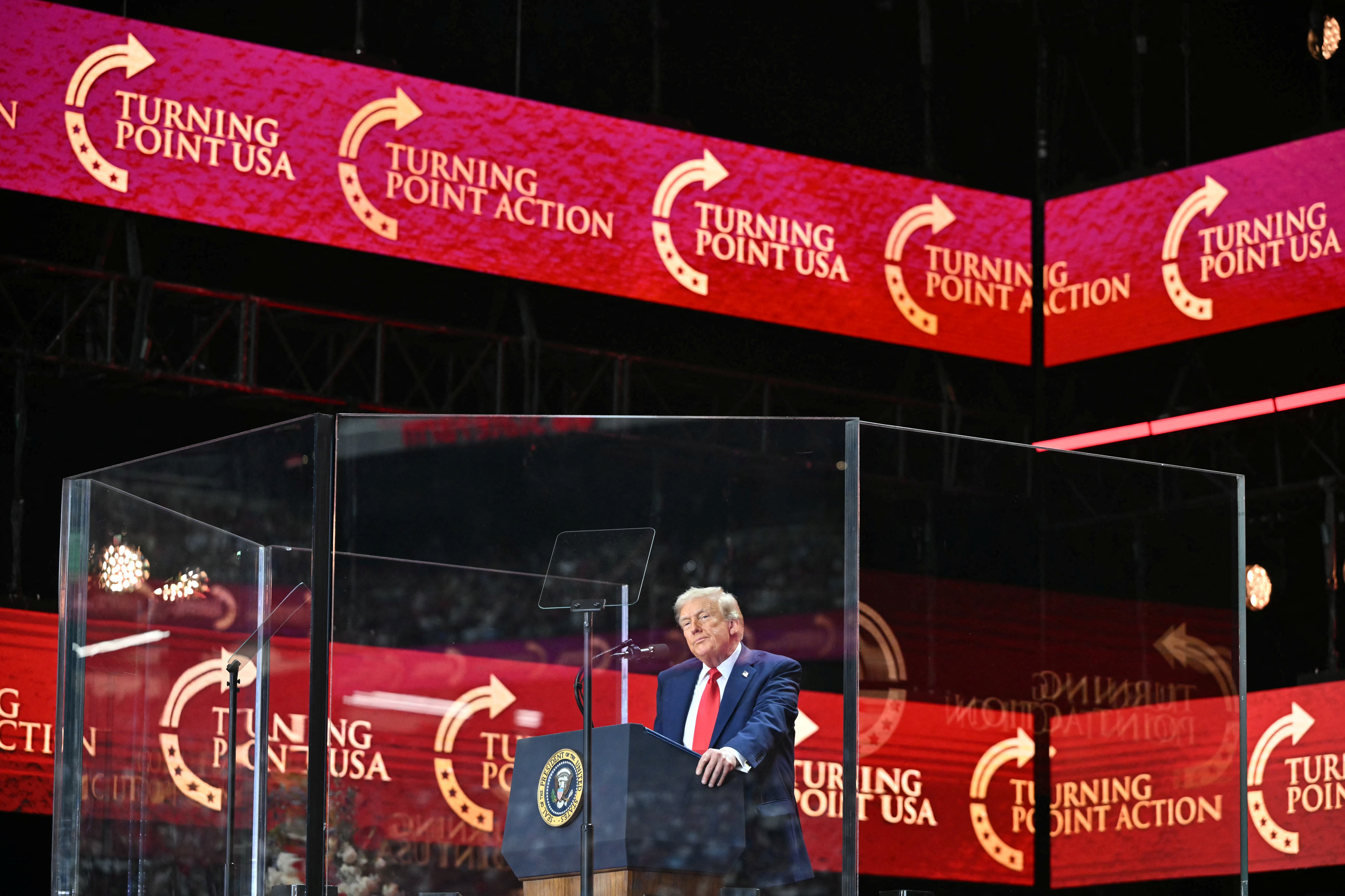 U.S. President Donald Trump speaks during the public memorial service for Charlie Kirk on September 21, 2025 | Source: Getty Images