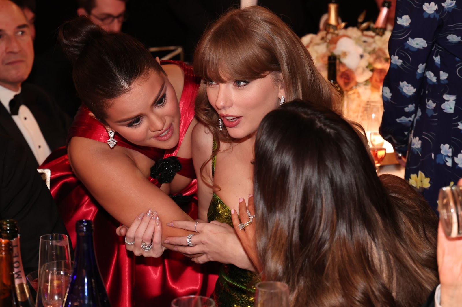 Selena Gomez and Taylor Swift at the 81st Golden Globe Awards on January 7, 2024, in Beverly Hills, California. | Source: Getty Images