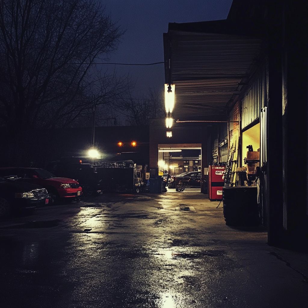 An auto repair shop at night | Source: Midjourney