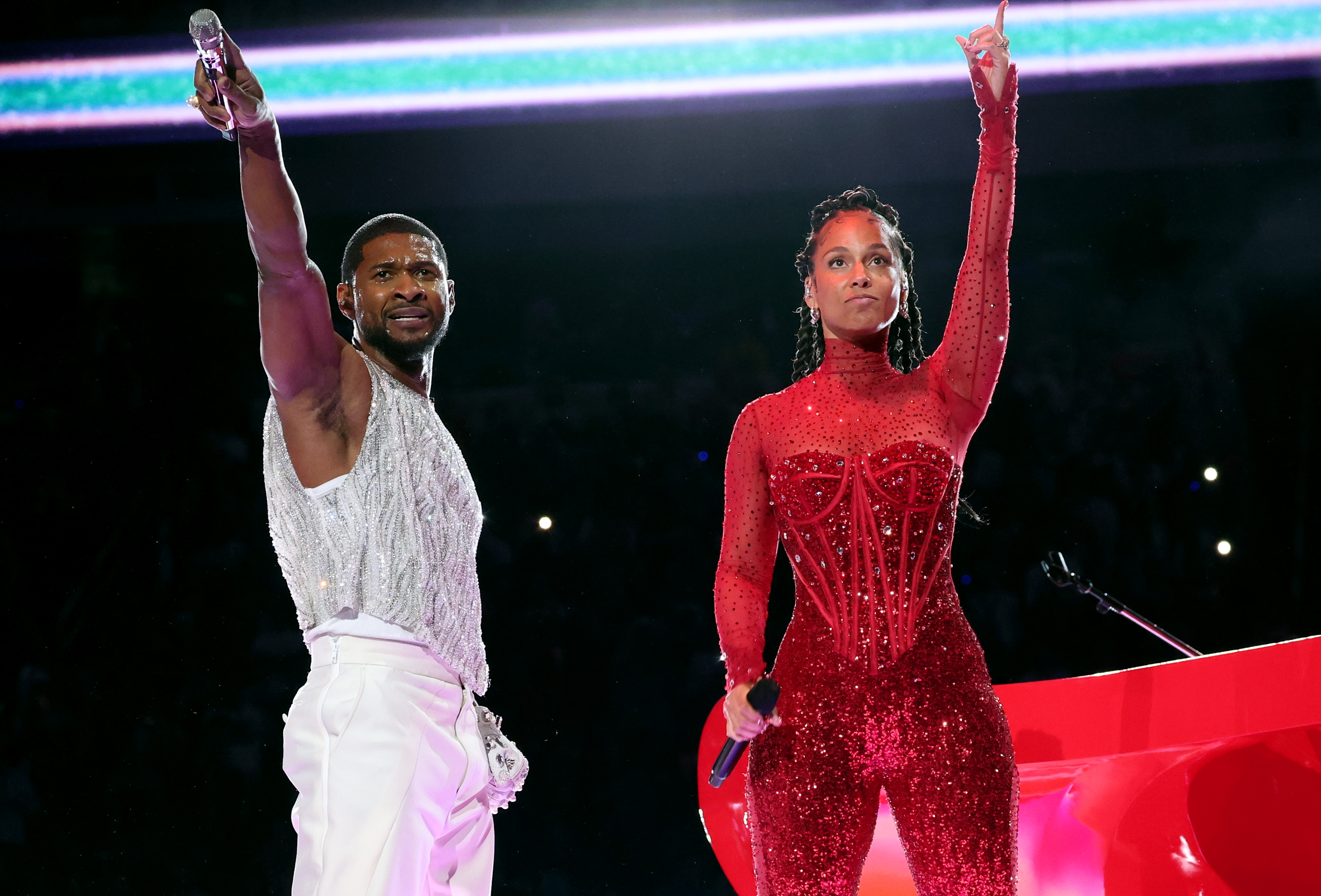 Usher and Alicia Keys perform during the Apple Music Super Bowl LVIII Halftime Show on February 11, 2024 in Las Vegas, Nevada | Source: Getty Images