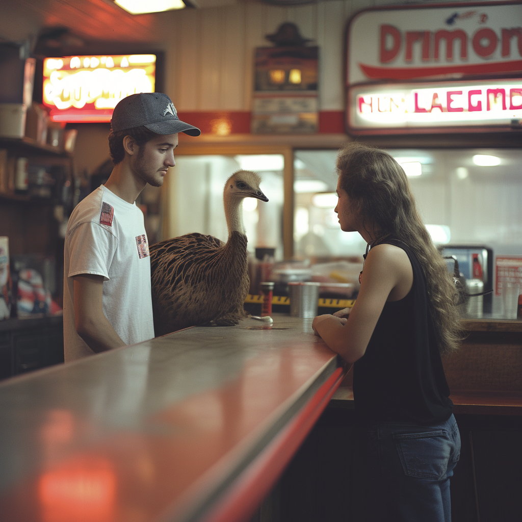 A man and his emu in a diner | Source: Midjourney