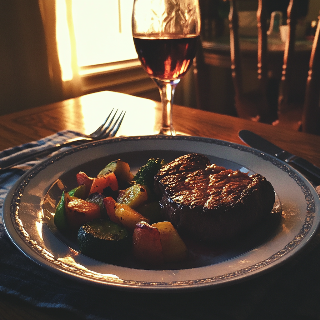 A plate of steak and veggies | Source: Midjourney