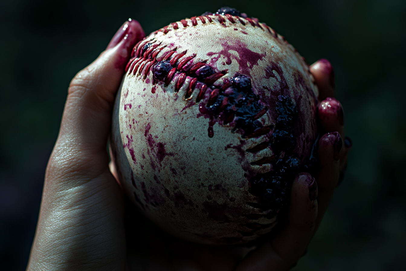 A woman holding a blueberry pie-stained baseball | Source: Midjourney