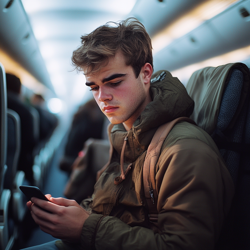 A man looking at his phone while aboard a plane | Source: Midjourney