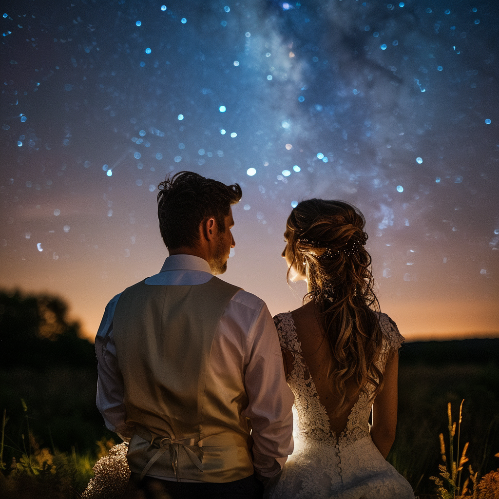 A bride and groom sitting underneath the starry sky at night | Source: Midjourney