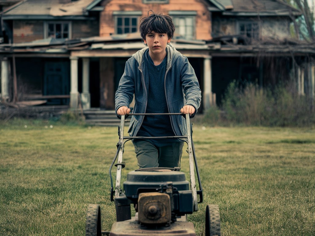 A young boy pushing an old fashioned lawn mower | Source: Midjourney