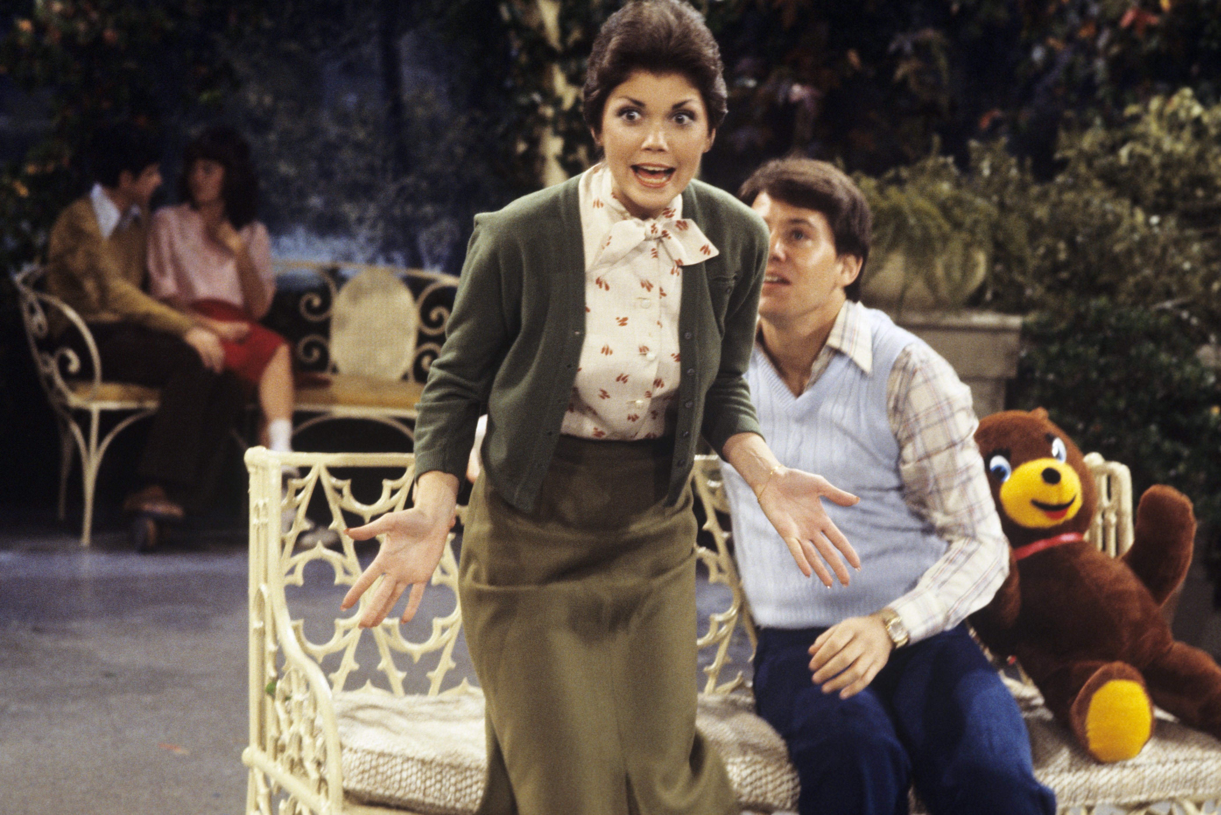 Lorrie Mahaffey and Anson Williams in a scene in the episode "Potsie Gets Pinned" on "Happy Days" | Source: Getty Images
