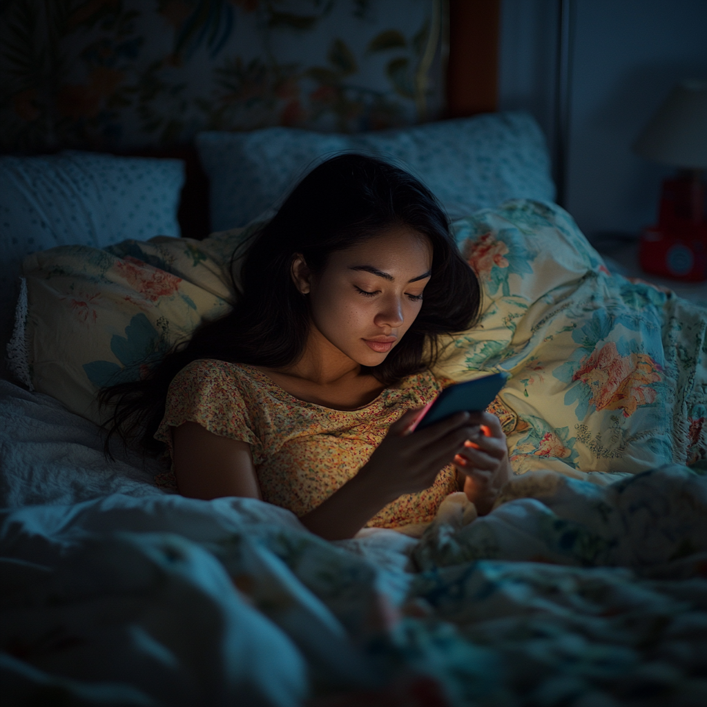 A woman using her phone while in bed | Source: Midjourney