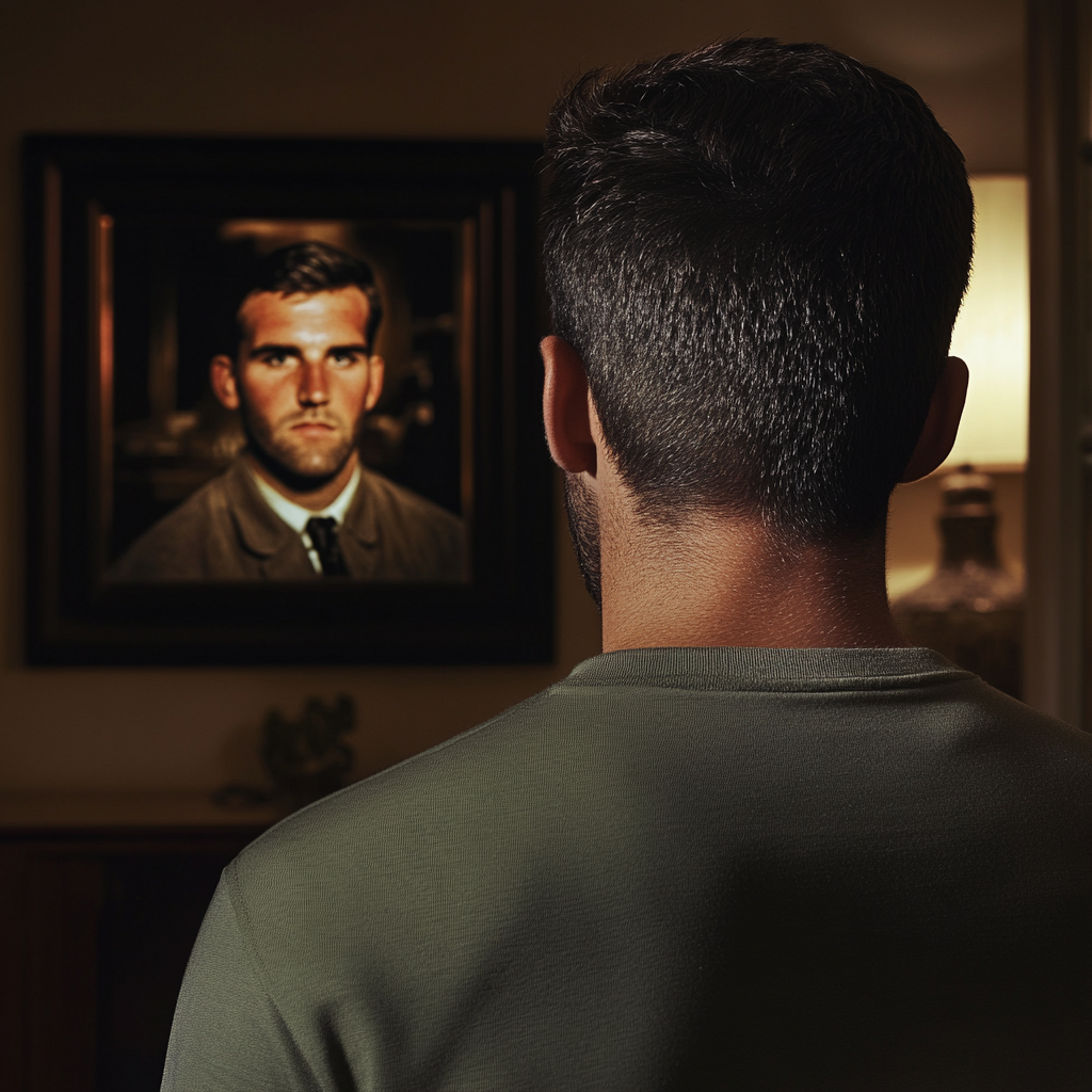 A man looking at a framed photo on the wall | Source: Midjourney