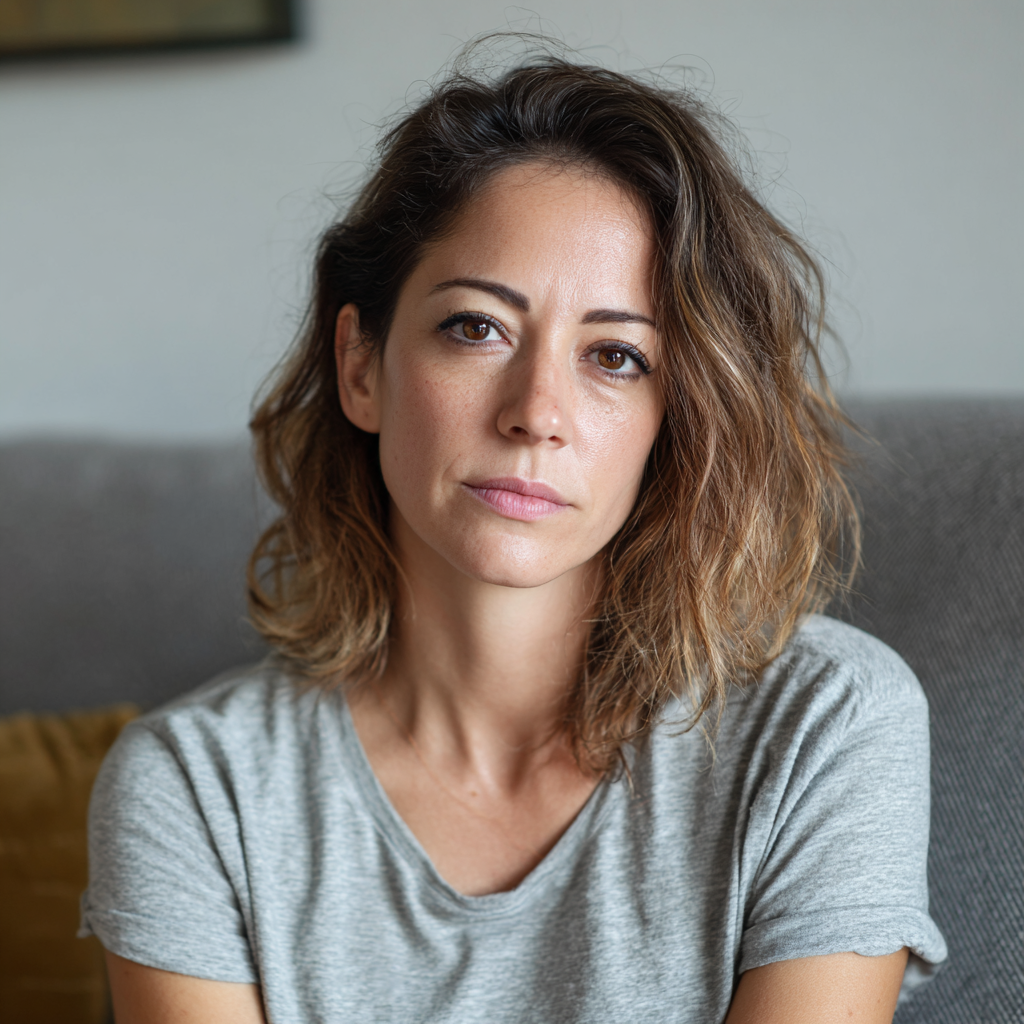 A pensive woman sitting on a couch | Source: Midjourney