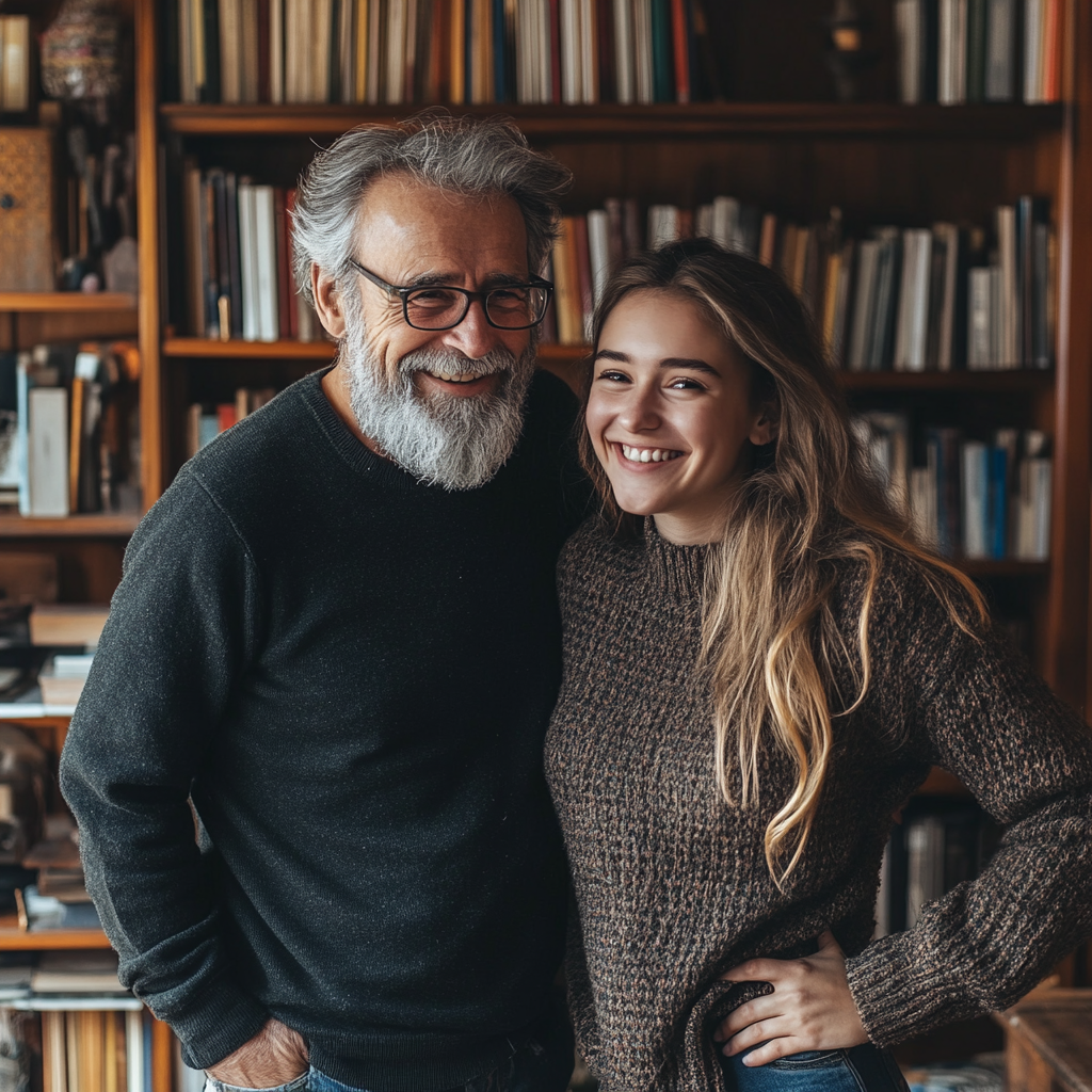 A happy man with his daughter in a library | Source: Midjourney