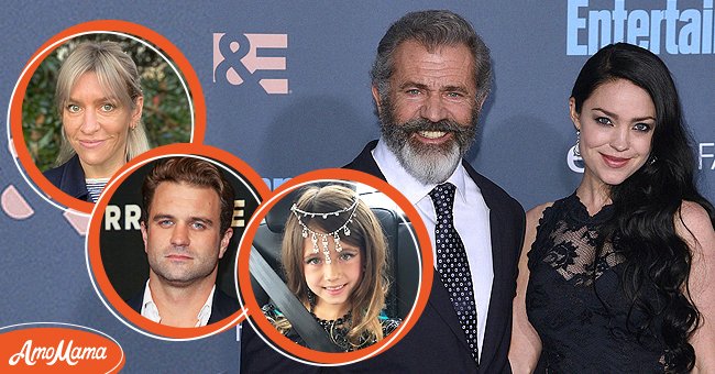 Headshot of three of Mel Gibson's kids. [Left] | Actor Mel Gibson in a photo with his new lover Rosalind Ross. [Right] | Photo: Getty Images