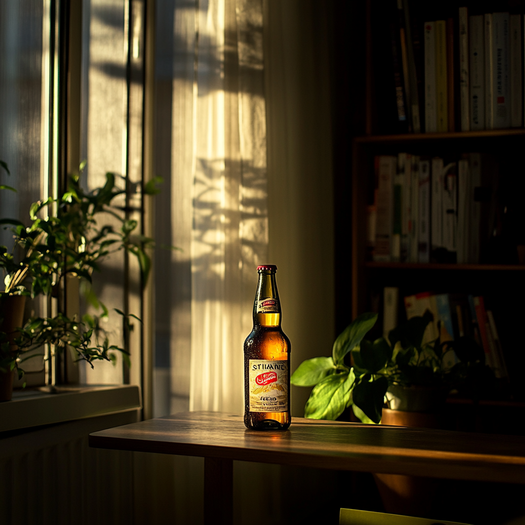 A bottle of beer on a table | Source: Midjourney