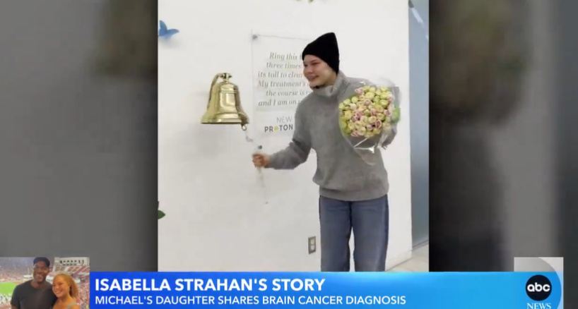 Isabella Strahan ringing a bell to signify the end of her radiation treatment from a video dated January 11, 2024 | Source: twitter.com/GMA