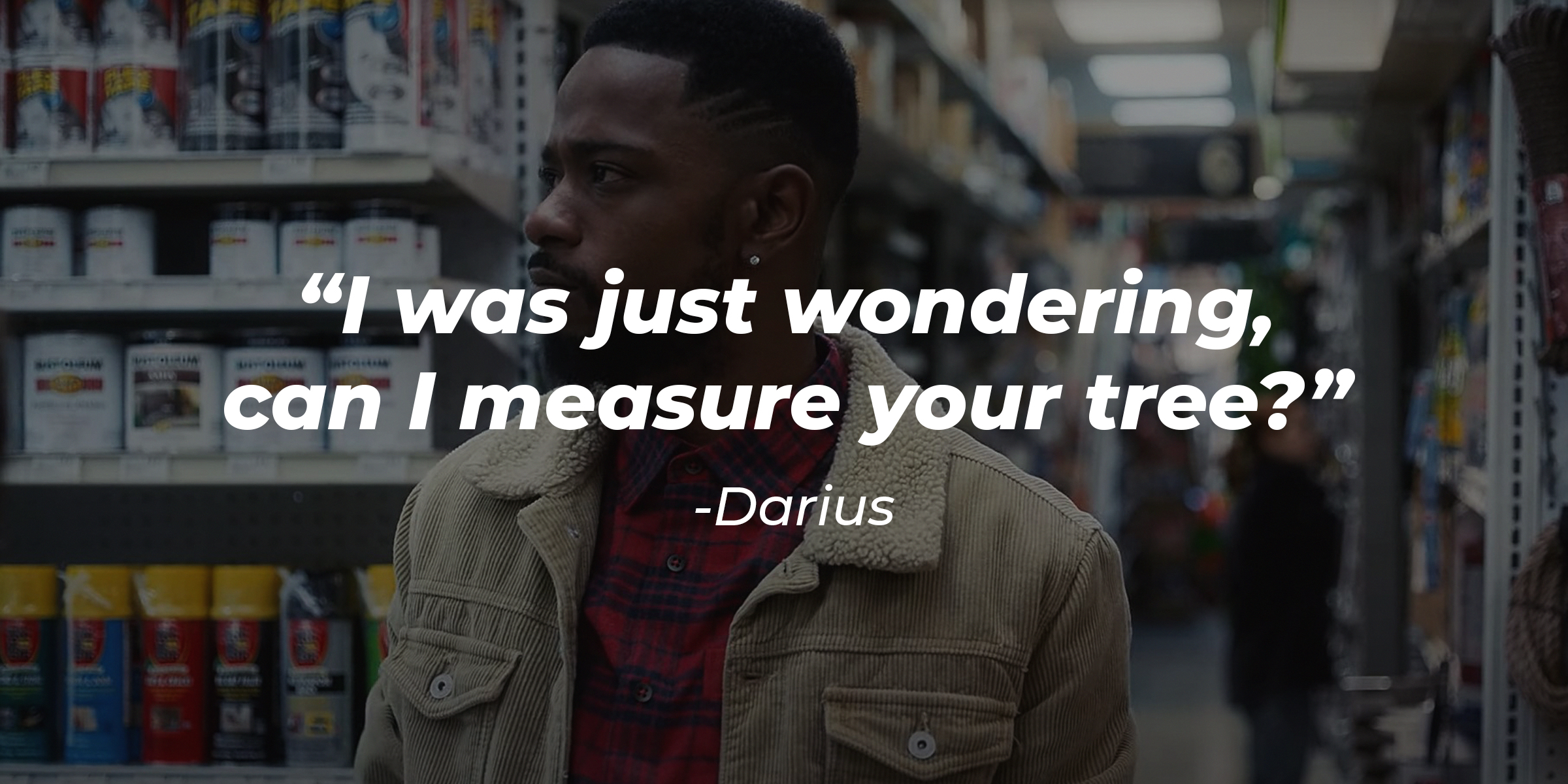 Darius in a shop with an overlaid quote by him: “I was just wondering, can I measure your tree?” | Source: youtube.com/FXNetworks